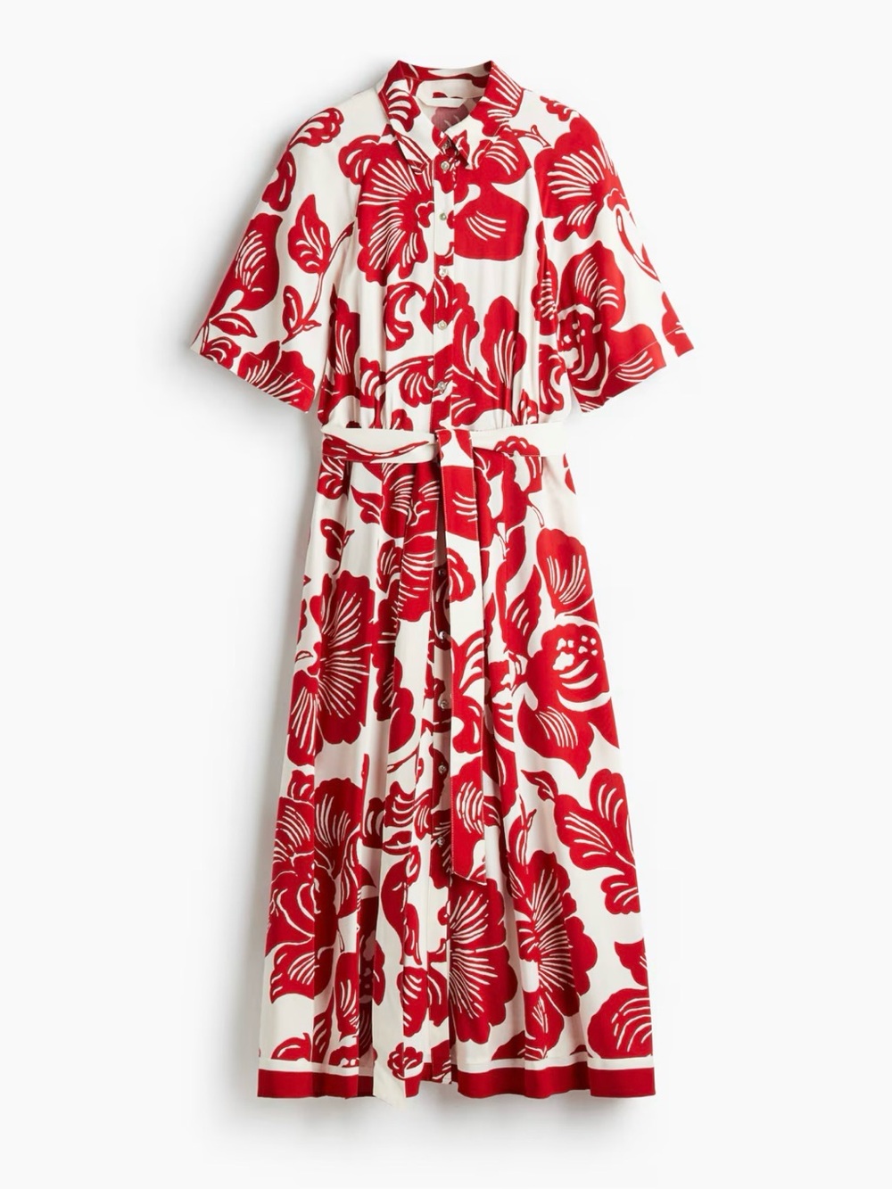 H&M White Maxi Shirt Dress with Bold Red Floral Print